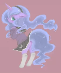 Size: 500x600 | Tagged: safe, artist:yuzuko, derpibooru import, princess luna, pony, bipedal, clothes, pixiv, schoolgirl, simple background, skirt, socks, solo, tail upskirt, upskirt