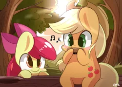 Size: 700x500 | Tagged: apple bloom, applejack, artist:lifeloser, backlighting, chibi, derpibooru import, forest, harmonica, music, musical instrument, safe