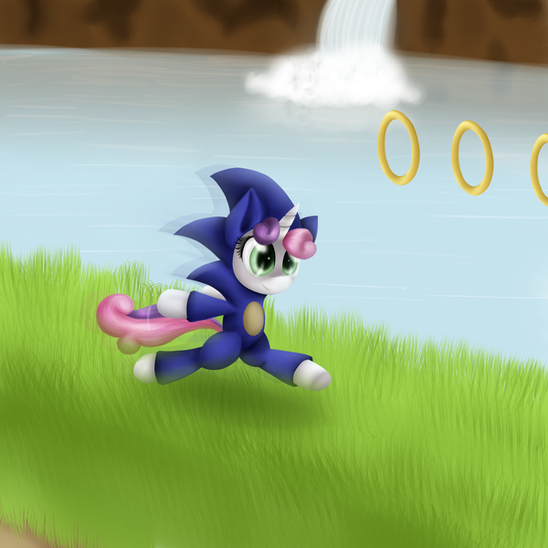 Size: 3000x3000 | Tagged: safe, artist:skybrush-viffex, derpibooru import, sweetie belle, pony, bipedal, cosplay, crossover, cute, diasweetes, gotta go fast, green hill zone, hilarious in hindsight, parody, solo, sonic the hedgehog, sonic the hedgehog (series)