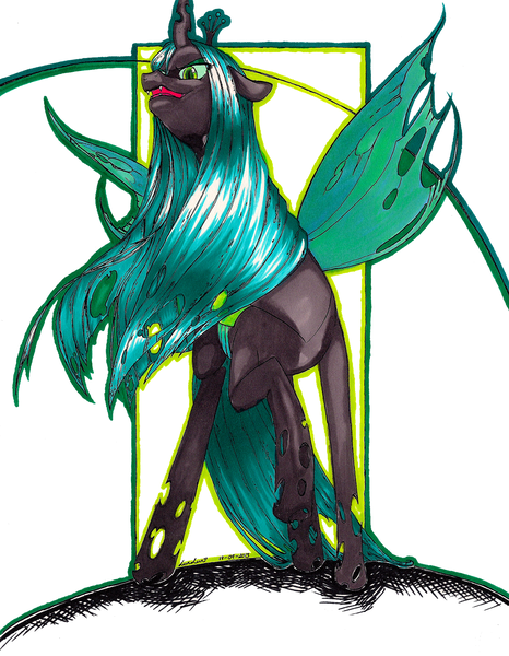 Size: 2699x3474 | Tagged: artist:lunlun, changeling, changeling queen, derpibooru import, dramatic pose, female, queen chrysalis, safe, solo, traditional art