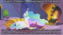 Size: 909x511 | Tagged: angel bunny, banishment, derpibooru import, hare in the moon, image macro, letter, moon bunny, princess celestia, safe, solo