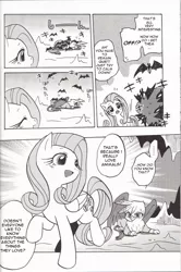 Size: 1330x2000 | Tagged: safe, artist:akira bano, derpibooru import, fluttershy, gilda, bat, gryphon, catch you catch me, comic, doujin, monochrome, translation