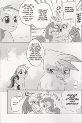 Size: 1330x2000 | Tagged: safe, artist:akira bano, derpibooru import, gilda, pinkie pie, rainbow dash, gryphon, catch you catch me, comic, doujin, monochrome, translation