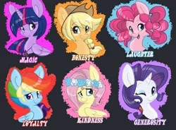 Size: 4879x3588 | Tagged: safe, artist:indiefoxtail, derpibooru import, applejack, fluttershy, pinkie pie, rainbow dash, rarity, twilight sparkle, twilight sparkle (alicorn), alicorn, pony, alternate hairstyle, braid, female, floral head wreath, line-up, mane six, mare, pigtails, portrait