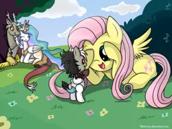 Size: 640x480 | Tagged: safe, artist:hikariviny, derpibooru import, discord, fluttershy, princess celestia, oc, oc:chaotic, chimera, hybrid, bush, cuddling, cute, diaper, dislestia, eyes closed, flower, foal, grass, interspecies offspring, offspring, open mouth, parent:discord, parent:princess celestia, parents:dislestia, peekaboo, picnic, prone, shipping, shyabetes, smiling, snuggling, spread wings, tree