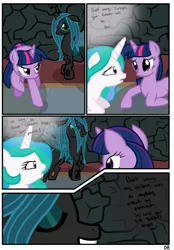 Size: 1741x2500 | Tagged: artist:pyruvate, comic, comic:consumed love, consumed love, derpibooru import, female, lesbian, now kiss, princess celestia, queen chrysalis, rape by proxy, shipper on deck, shipping, suggestive, twilestia, twilight sparkle, younger