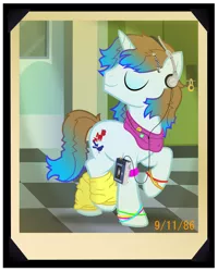 Size: 2000x2494 | Tagged: safe, artist:icaron, derpibooru import, oc, unofficial characters only, pony, unicorn, 80s, cassette tape, everpony wore their mane like that back then i swear, highschool, photo, poly morph, show accurate, vintage, walkman, younger