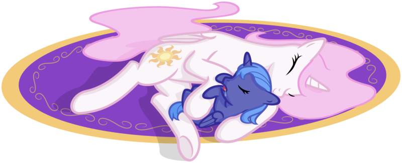 Size: 2652x1080 | Tagged: artist:arvaus, carpet, cuddling, cute, derpibooru import, drool, eyes closed, filly, on back, open mouth, pink-mane celestia, princess celestia, princess luna, safe, side, simple background, sleeping, smiling, snuggling, transparent background, vector, weapons-grade cute, woona, younger