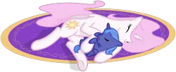 Size: 2652x1080 | Tagged: artist:arvaus, carpet, cuddling, cute, derpibooru import, drool, eyes closed, filly, on back, open mouth, pink-mane celestia, princess celestia, princess luna, safe, side, simple background, sleeping, smiling, snuggling, transparent background, vector, weapons-grade cute, woona, younger