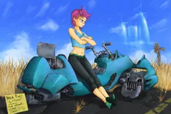 Size: 1500x1000 | Tagged: artist:madhotaru, belly button, dieselpunk, hoverbike, human, humanized, midriff, motorcycle, safe, scootaloo, solo