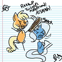 Size: 1000x1000 | Tagged: safe, artist:fauxsquared, derpibooru import, applejack, trixie, kilroy, kilroy was here, trixie is magic, violence