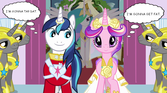 Size: 640x360 | Tagged: source needed, safe, derpibooru import, edit, edited screencap, screencap, princess cadance, princess celestia, shining armor, alicorn, pony, unicorn, a canterlot wedding, female, horn ring, implied sex, implied weight gain, innuendo, male, mare, ring, royal guard, stallion, thought bubble, unicorn royal guard, wedding, wedding ring