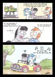 Size: 2482x3510 | Tagged: safe, artist:bobthedalek, derpibooru import, octavia melody, vinyl scratch, oc, earth pony, pony, unicorn, car, comic, convertible, female, funny, male, mechanic, noddy, reliant robin, singing, wubmobile