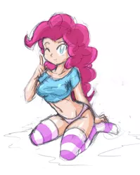 Size: 925x1160 | Tagged: artist:danmakuman, belly button, breasts, clothes, female, human, humanized, light skin, panties, pinkie pie, pink underwear, socks, solo, solo female, striped socks, suggestive, thigh highs, traditional art, underwear