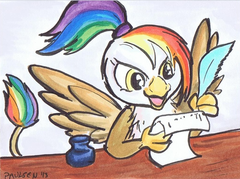 Size: 1014x755 | Tagged: safe, artist:christopher paulsen, derpibooru import, oc, oc:rainbow feather, unofficial characters only, gryphon, hybrid, beak, feather, ink, inkwell, interspecies offspring, magical lesbian spawn, mane, offspring, parent:gilda, parent:rainbow dash, parents:gildash, quill, scroll, solo, writing, young