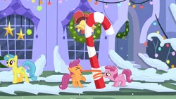 Size: 845x476 | Tagged: safe, artist:dtkraus, derpibooru import, edit, screencap, lemon hearts, ruby pinch, scootaloo, pegasus, pony, unicorn, hearth's warming eve (episode), 8 foot candy cane, a christmas story, candy cane, christmas wreath, eyes closed, female, filly, hearth's warming eve, impossibly long tongue, licking, long tongue, mare, open mouth, raised hoof, sad, snow, stuck, tongue out, tongue stuck to pole, wat, wreath