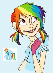 Size: 500x685 | Tagged: artist:geromy, clothes, dead source, derpibooru import, fingerless gloves, gloves, human, humanized, light skin, pigtails, rainbow dash, safe, simple background