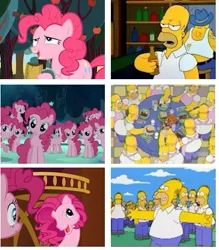 Size: 403x461 | Tagged: safe, derpibooru import, screencap, pinkie pie, earth pony, pony, the super speedy cider squeezy 6000, too many pinkie pies, alcohol, beer, cider, cider mug, clone, comparison, female, frosty chocolate milkshakes, homer simpson, mare, mug, multeity, pinkie blind, pinkie clone, simpsons did it, the simpsons, too much pink energy is dangerous