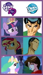 Size: 598x1042 | Tagged: safe, derpibooru import, princess celestia, sunset shimmer, twilight sparkle, twilight sparkle (alicorn), pony, equestria girls, comparison, comparison chart, koenma, sensui shinobu, urameshi yusuke, yu yu hakusho