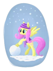 Size: 1500x2000 | Tagged: artist:eq-7, clothes, derpibooru import, fluttershy, hat, safe, scarf, snow, snowball, snowfall, solo