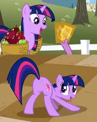 Size: 1280x1609 | Tagged: suggestive, derpibooru import, edit, edited screencap, screencap, spike, twilight sparkle, pony, unicorn, a canterlot wedding, the ticket master, apple, butt shake, comic, featureless crotch, female, fistful of tickets, fistful of yen, gala ticket, implications, implied, implied prostitution, male, mare, out of context, plot, presenting, screencap comic, shipping, straight, sunshine sunshine, tickets, twispike, unicorn twilight