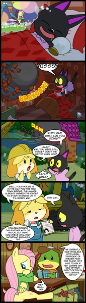 Size: 628x2200 | Tagged: animal crossing, artist:madmax, blatant lies, bottomless, butt, clothes, comic, comic:the town, crossover, demolition, dream, fluttershy, isabelle, kiki, koguma no misha, leilani, luggage, lying, men in black, partial nudity, plot, reference, safe, sonic the hedgehog, sonic the hedgehog (series), sweater, sweatershy, turtle, wrecking ball