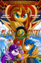 Size: 1100x1700 | Tagged: safe, artist:berrypawnch, derpibooru import, flash sentry, sunset shimmer, twilight sparkle, twilight sparkle (alicorn), alicorn, pony, exploitable meme, female, flash gordon, flash sentry savior of the universe, mare, meme, parody, poster