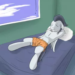 Size: 1280x1280 | Tagged: anthro, armpits, artist:fuzebox, bare chest, bed, belly button, boxers, clothes, derpibooru import, male, older, on back, orange, pillow, rumble, sleeping, solo, solo male, suggestive, teenager, topless, underwear, unguligrade anthro, window