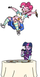 Size: 651x1225 | Tagged: safe, artist:wryte, derpibooru import, pinkie pie, twilight sparkle, equestria girls, mmmystery on the friendship express, belly, belly button, big belly, bouncing, cake, clothes, colored skin, equestria girls interpretation, fat, humanized, pudgy pie, scene interpretation, shoes, skirt, socks, striped socks, upskirt