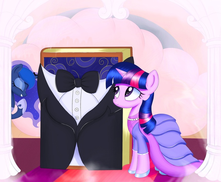 Size: 2341x1931 | Tagged: artist:kas92, bibliophile, book, cargo ship, clothes, derpibooru import, dream, dream walker luna, dress, princess luna, safe, shipping, shoes, that pony sure does love books, tuxedo, twibook, twilight sparkle, wedding