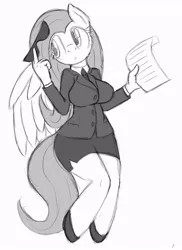 Size: 700x960 | Tagged: anthro, artist:tg-0, breasts, businessmare, busty fluttershy, clothes, derpibooru import, female, fluttershy, high heels, monochrome, safe, shoes, side slit, skirt, skirt suit, solo, suit, sunglasses, tube skirt