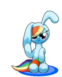 Size: 1200x1500 | Tagged: safe, artist:hoyeechun, derpibooru import, rainbow dash, rabbit, animal costume, blushing, bunny costume, carrot, clothes, costume, cute, dashabetes, easter, holiday, simple background, solo, white background