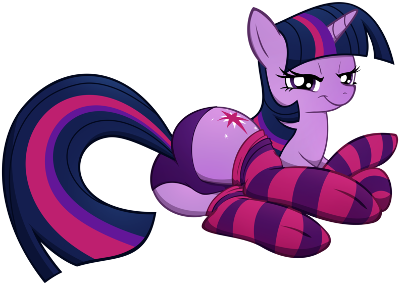 Size: 4000x2808 | Tagged: suggestive, artist:illuminatiums, derpibooru import, twilight sparkle, pony, unicorn, bedroom eyes, clothes, female, looking at you, looking back, mare, panties, plot, prone, purple underwear, show accurate, show accurate porn, simple background, socks, solo, solo female, stockings, striped socks, the ass was fat, thigh highs, thighlight sparkle, transparent background, twibutt, underwear, unicorn twilight, vector