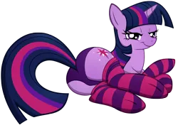 Size: 4000x2808 | Tagged: suggestive, artist:illuminatiums, derpibooru import, twilight sparkle, pony, unicorn, bedroom eyes, clothes, female, looking at you, looking back, mare, panties, plot, prone, purple underwear, show accurate, show accurate porn, simple background, socks, solo, solo female, stockings, striped socks, the ass was fat, thigh highs, thighlight sparkle, transparent background, twibutt, underwear, unicorn twilight, vector