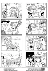 Size: 700x1030 | Tagged: 4koma, advertising, ambiguous facial structure, anthro, apple bloom, applejack, artist:shepherd0821, big breasts, breasts, busty applejack, comic, comic:friendship is 4komagic, dancing, derpibooru import, do the sparkle, female, guard, marketing, monochrome, rainbow dash, royal guard, stifling laughter, suggestive, twilight sparkle