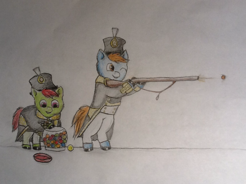 Size: 1024x768 | Tagged: artist:waggytail, derpibooru import, fluffy pony, gumballs, gun, military, rifle, safe, shako, soldier, war