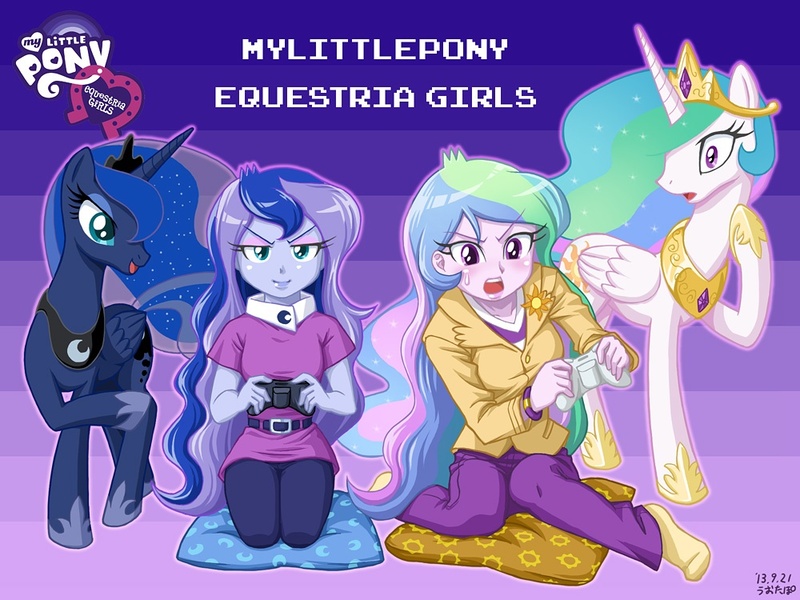 Size: 1000x750 | Tagged: safe, artist:uotapo, derpibooru import, princess celestia, princess luna, alicorn, pony, gamer luna, equestria girls, blushing, clothes, controller, cutie mark, cutie mark accessory, cutie mark on clothes, equestria girls logo, female, human ponidox, mare, missing shoes, my little pony logo, open mouth, pants, pillow, principal celestia, shirt, smugluna, socks, sweat, title drop, vice principal luna, video game, xbox 360