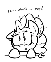 Size: 261x319 | Tagged: safe, artist:shoutingisfun, derpibooru import, pinkie pie, pony, amnesia, dialogue, existential crisis, female, forgetful, grayscale, messy mane, monochrome, solo