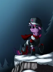 Size: 744x998 | Tagged: artist:exelzior, boots, clothes, coat, derpibooru import, hat, hoof boots, safe, scarf, snow, solo, twilight sparkle, ushanka, winter, winter outfit