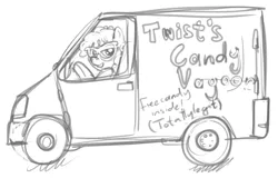 Size: 1522x973 | Tagged: artist:smudge proof, candy, candy wagon, derpibooru import, legit, monochrome, party wagon, rape van, safe, seems legit, sketch, solo, stranger danger, strangers have the best candy, this will end in jail time, this will end in tears, twist, van
