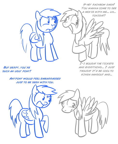 Size: 1276x1559 | Tagged: safe, artist:shoutingisfun, derpibooru import, derpy hooves, rainbow dash, pegasus, pony, bullying, derpybuse, derpygate, female, insult, mare, monochrome, out of character, rainbow douche, rejection, sad