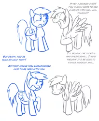 Size: 1276x1559 | Tagged: safe, artist:shoutingisfun, derpibooru import, derpy hooves, rainbow dash, pegasus, pony, bullying, derpybuse, derpygate, female, insult, mare, monochrome, out of character, rainbow douche, rejection, sad