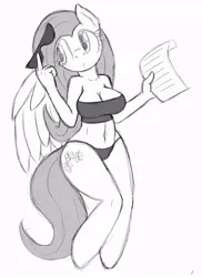 Size: 700x960 | Tagged: anthro, artist:tg-0, belly button, bra, breasts, busty fluttershy, cleavage, clothes, derpibooru import, female, fluttershy, hooves, monochrome, panties, paper, solo, solo female, suggestive, sunglasses, tube top, underwear, unguligrade anthro