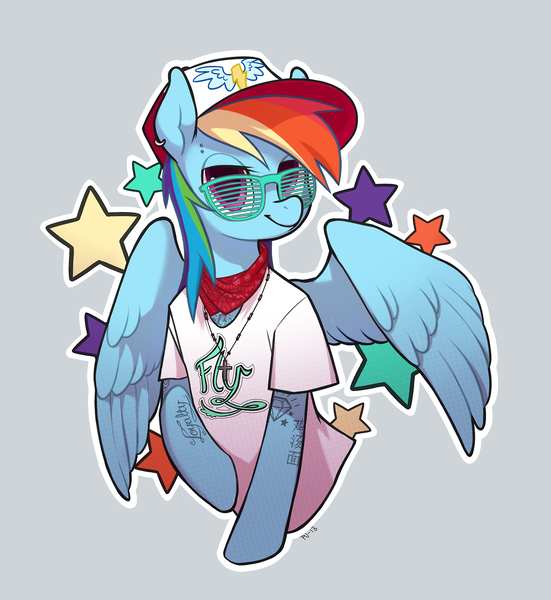 Size: 1280x1395 | Tagged: artist:purmu, bandana, baseball cap, clothes, cross, derpibooru import, ear piercing, earring, eyebrow piercing, hat, jewelry, necklace, piercing, rainbow dash, safe, semi-anthro, shirt, shutter shades, solo, swag, tattoo