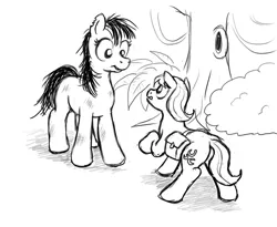 Size: 1200x986 | Tagged: safe, artist:jepso, derpibooru import, caramel, oc, pony, black and white, dirty, duo, female, forest, grayscale, mare, monochrome, saddle bag, simple background, size difference, sketch, torn ear, white background