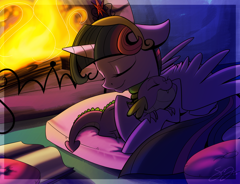 Size: 800x615 | Tagged: dead source, safe, artist:probablyfakeblonde, derpibooru import, spike, twilight sparkle, twilight sparkle (alicorn), alicorn, pony, backlighting, big crown thingy, element of magic, female, fireplace, happy, hug, mama twilight, mare, pillow, spikelove
