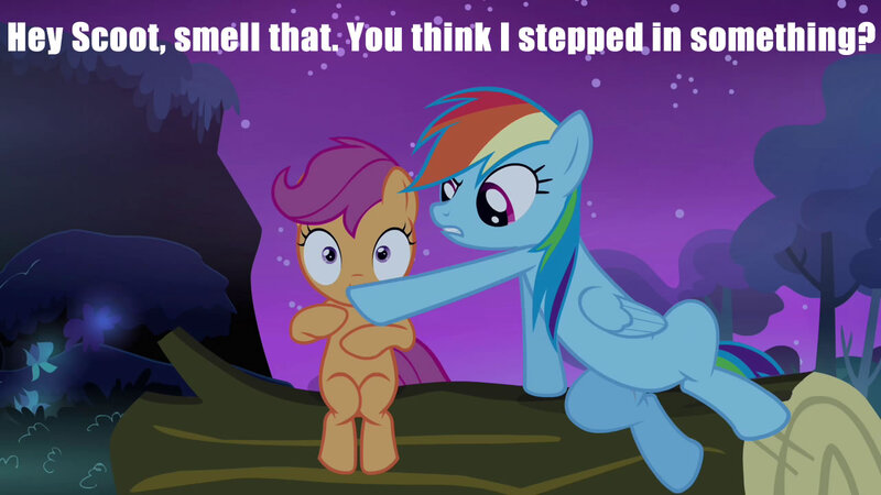 Size: 1280x720 | Tagged: caption, derpibooru import, edit, edited screencap, out of context, rainbow dash, safe, scootaloo, screencap, sleepless in ponyville, text, that better not be poop