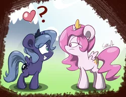 Size: 1300x1000 | Tagged: safe, artist:slitherpon, derpibooru import, princess celestia, princess luna, cewestia, cute, filly, happy, heart, hug request, question mark, woona, younger