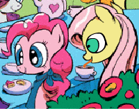 Size: 200x157 | Tagged: safe, artist:purgeslc, derpibooru import, edit, fluttershy, pinkie pie, rainbow dash, rarity, spoiler:comic, angry, animated, creepy, disturbing, drinking, female, fluffle puffing, flutterpie, lesbian, licking, shipping, sipping, tea, tea party, tongue out, wat