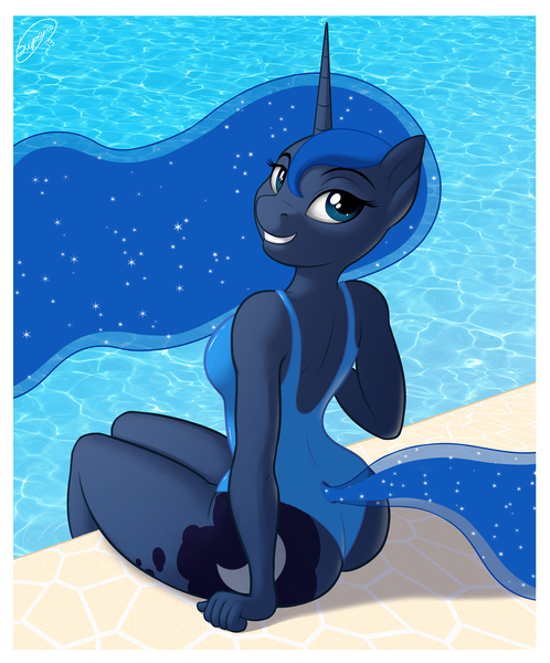 Size: 2075x2500 | Tagged: alicorn, anthro, artist:skipsy, ass, breasts, clothes, daytime, derpibooru import, female, looking at you, looking back, moonbutt, one-piece swimsuit, open-back swimsuit, poolside, princess luna, sideboob, sitting, skipsy strikes again, smiling, solo, solo female, suggestive, sunshine, swimming pool, swimsuit, wedgie, wingless, wingless anthro